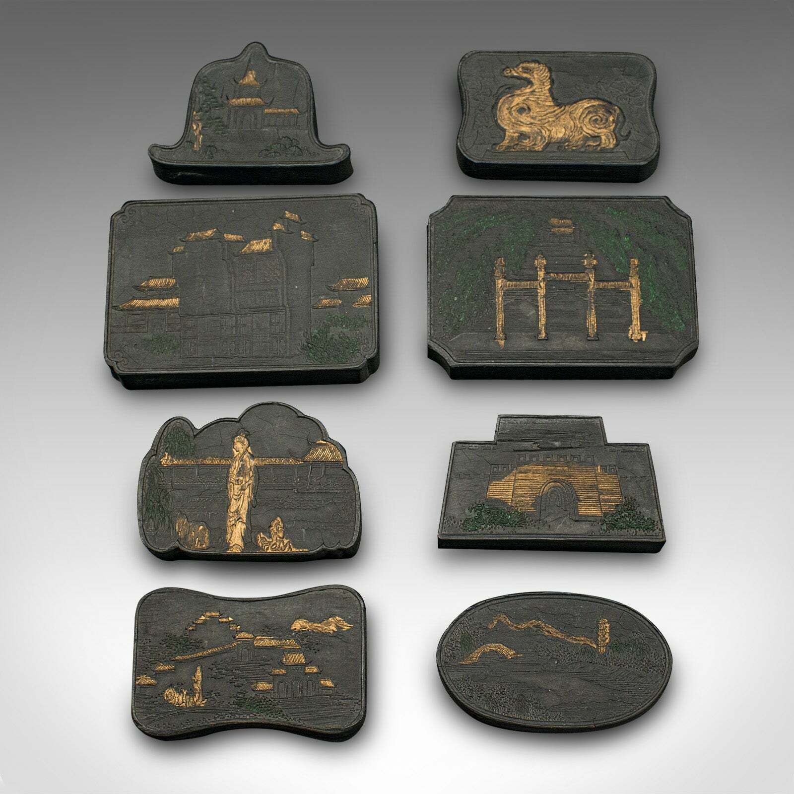 Set Of 8 Antique Calligraphic Ink Blocks, Chinese, Boxed, Printing, Victorian photo Home Decor