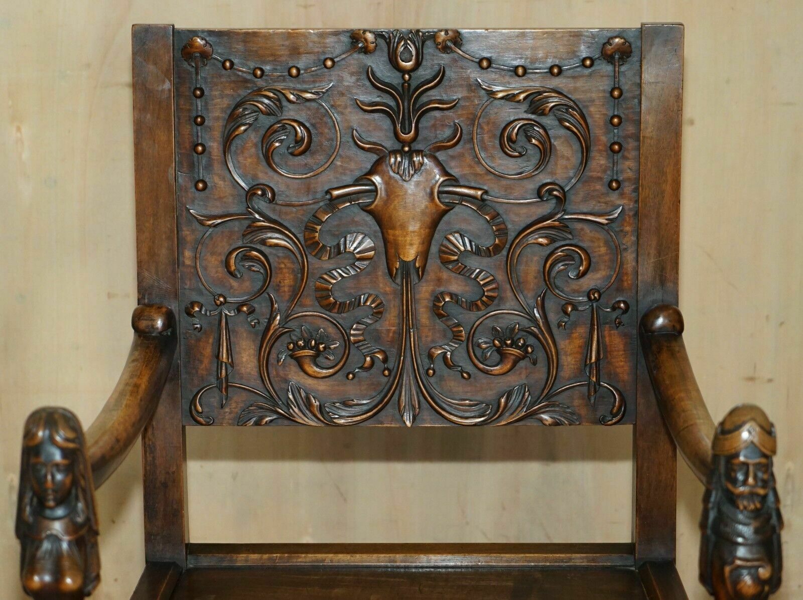 3850.0 Pair Of Ornately Carved Neo Gothic Solid Walnut 19th Century Ceremony Armchairs photo