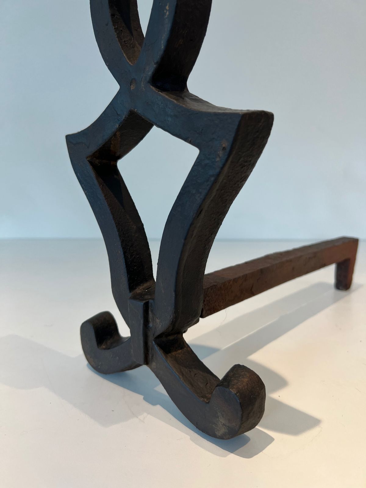 Home Fixtures Pair Of Modernized Cast Iron And Wrought Iron Andirons By Raymond Subes photo