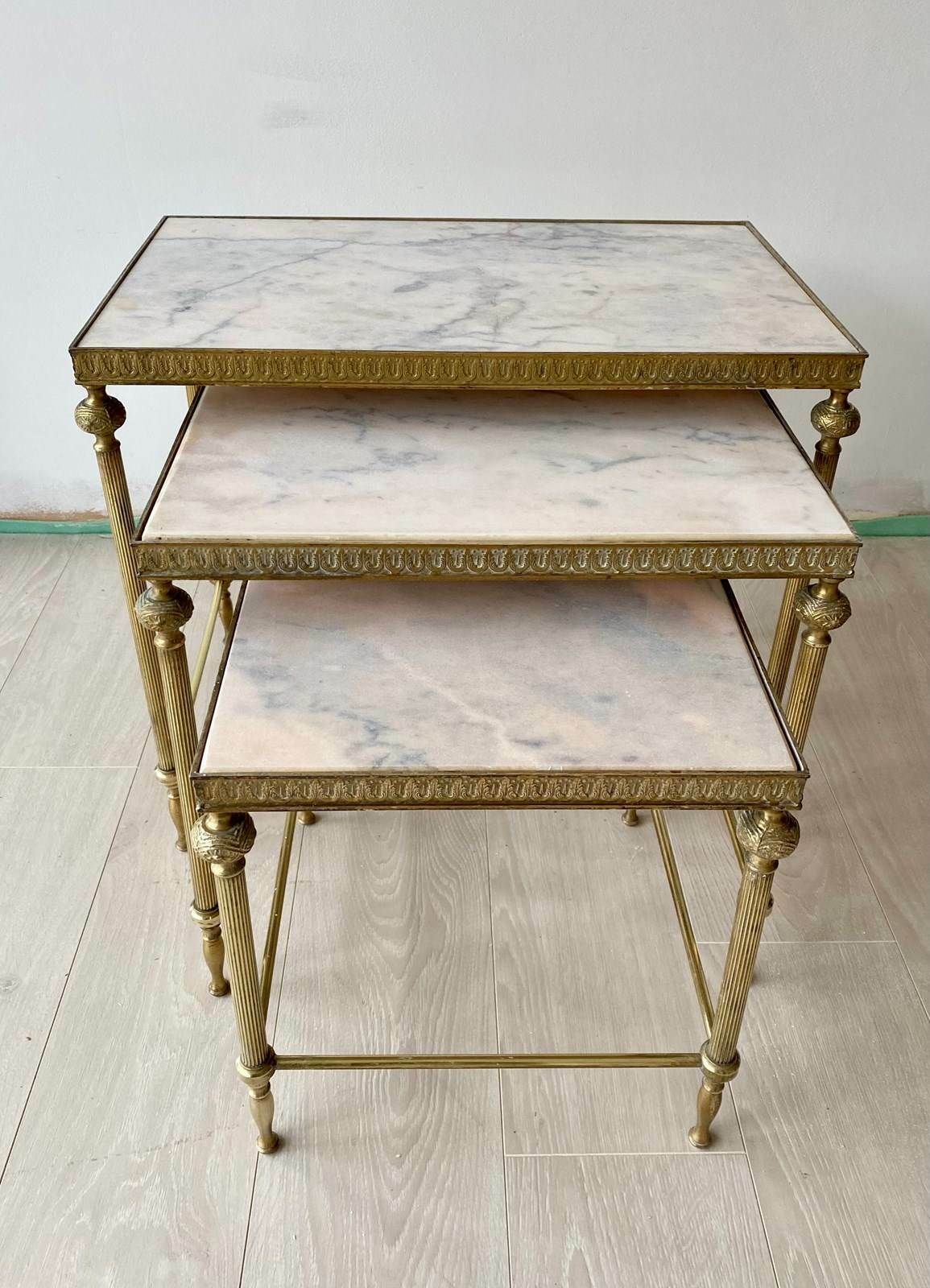 Vintage French Nest Of Marble And Brass Tables