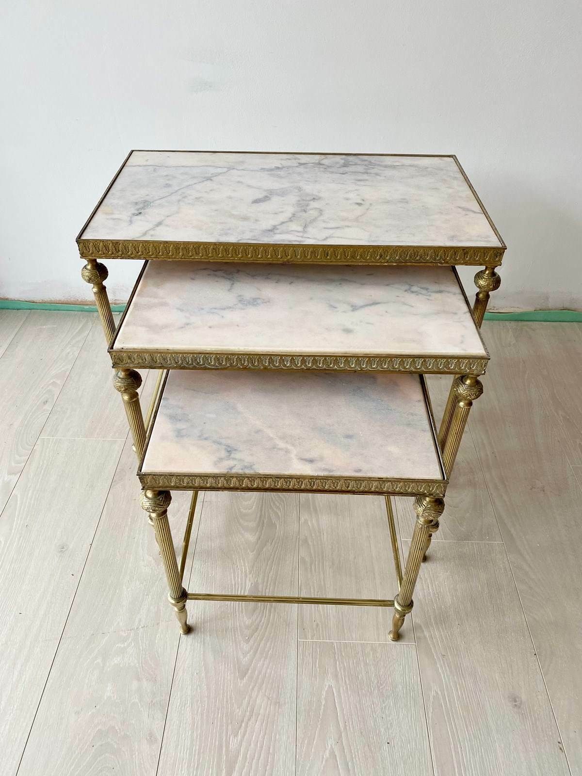 795.0 Vintage French Nest Of Marble And Brass Tables photo