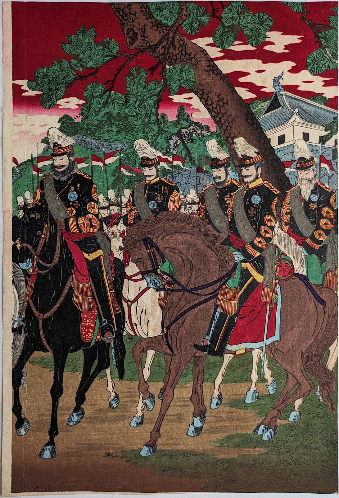 Bosai Shūgetsu, Military Review At Hibiya Parade Ground, Original Japanese Woodblock Print Triptych, 1886 photo furniture