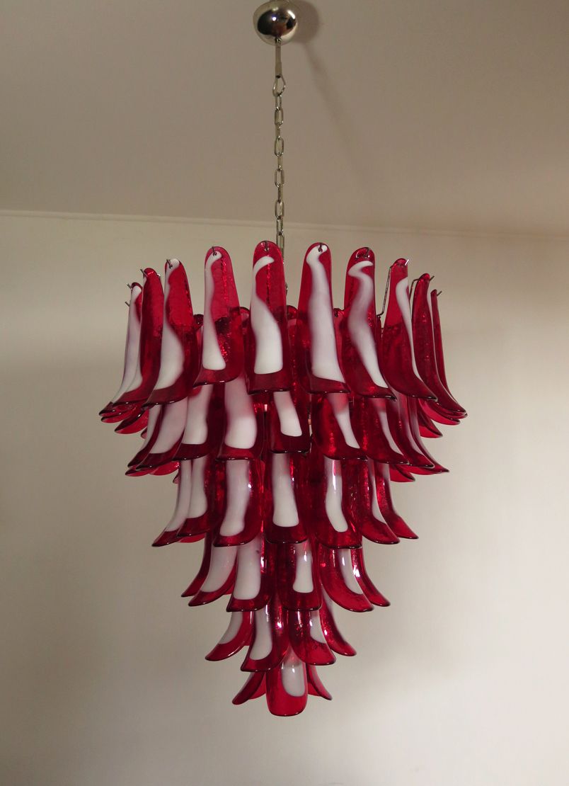 Italian Vintage Murano Chandelier In The Manner Of Mazzega   75 Red Glass Petals