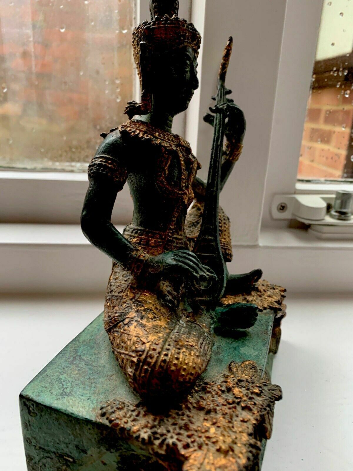 Antique Thai Prince Musician Gilded Bronze Statue Mandolin Music Player photo furniture