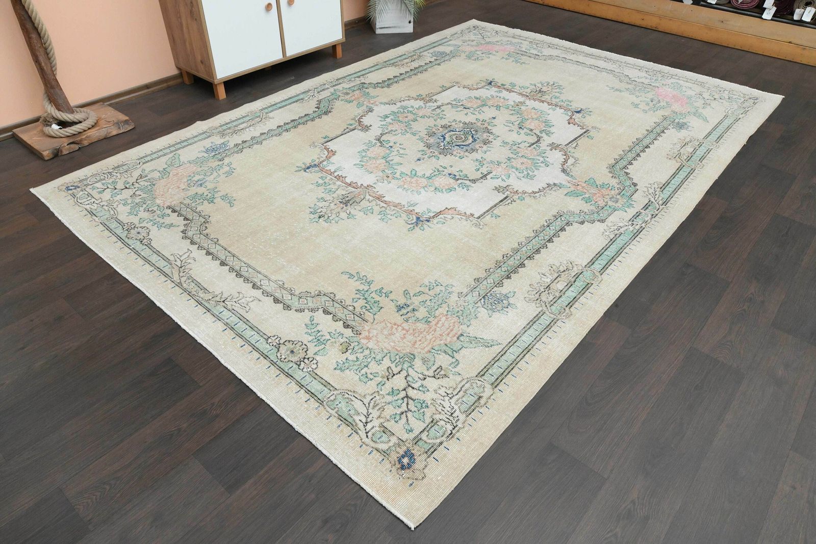7x11 Neutral Turkish Rug, Vintage Oushak Rug, Beige Green Rug, Home Decor, Large Rug, Faded Rug, 7x11 Area Rug, Distressed Rug, 7.2x10.9 Ft photo furniture