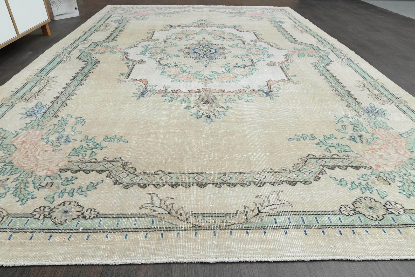 7x11 Neutral Turkish Rug, Vintage Oushak Rug, Beige Green Rug, Home Decor, Large Rug, Faded Rug, 7x11 Area Rug, Distressed Rug, 7.2x10.9 Ft photo for sale