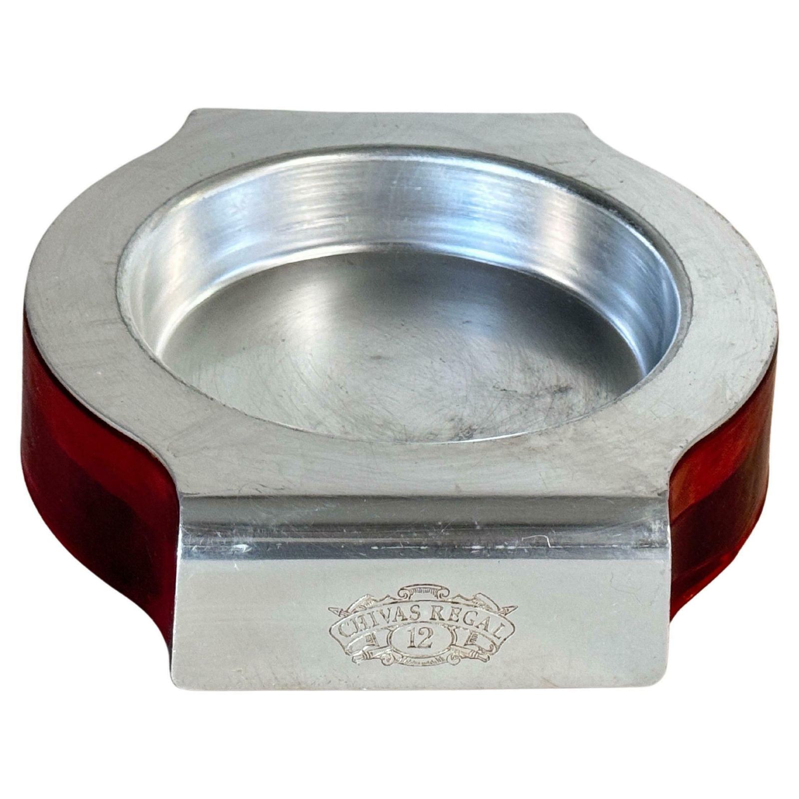 Ashtray In Aluminium Cast And Glass Signed Chivas Red Silvered Color France 1970 photo vinterior