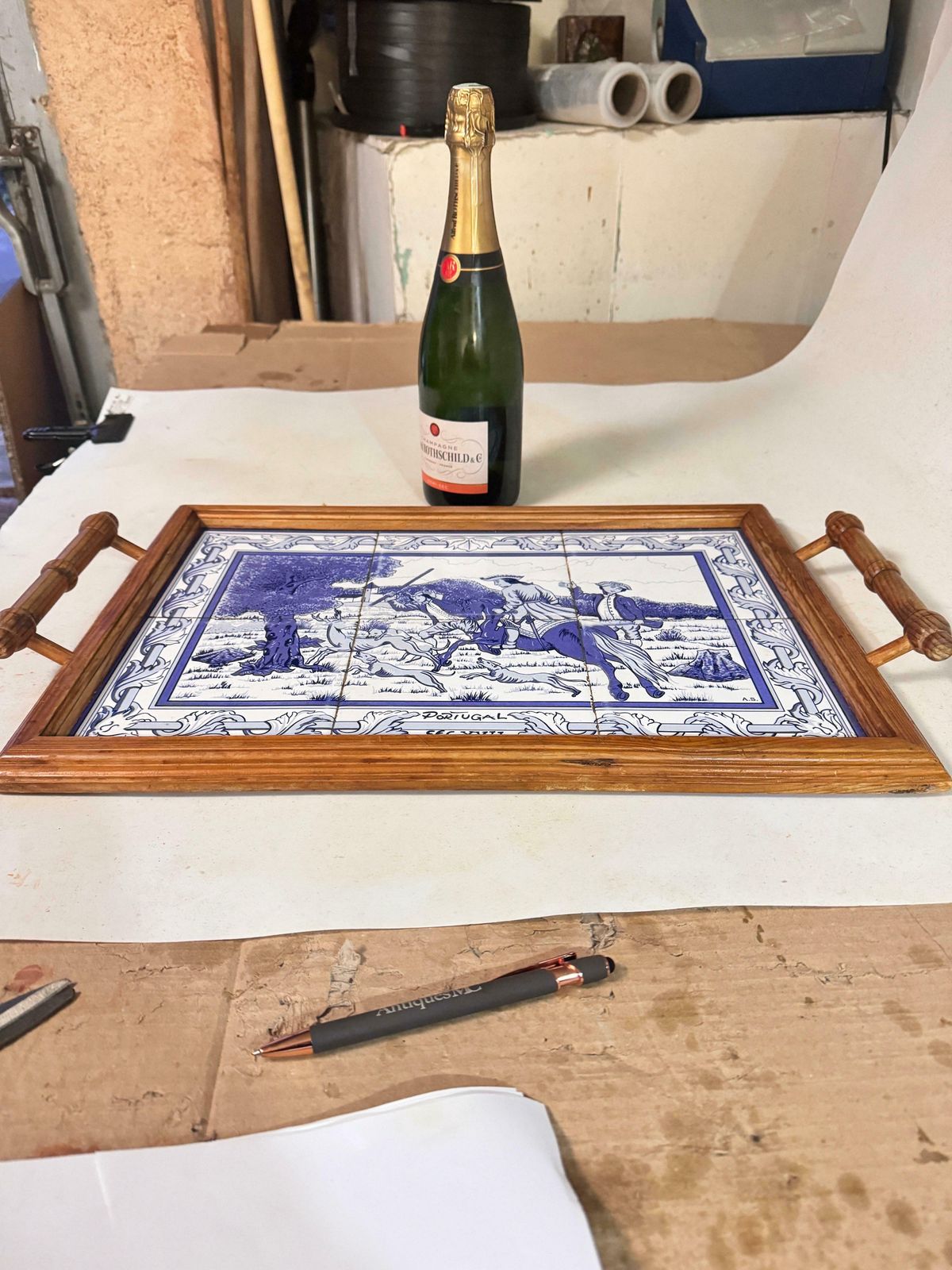 Platter Or Tray In Ceramic And Wood Portugal 1970s Blue And White Color Azuelos photo furniture