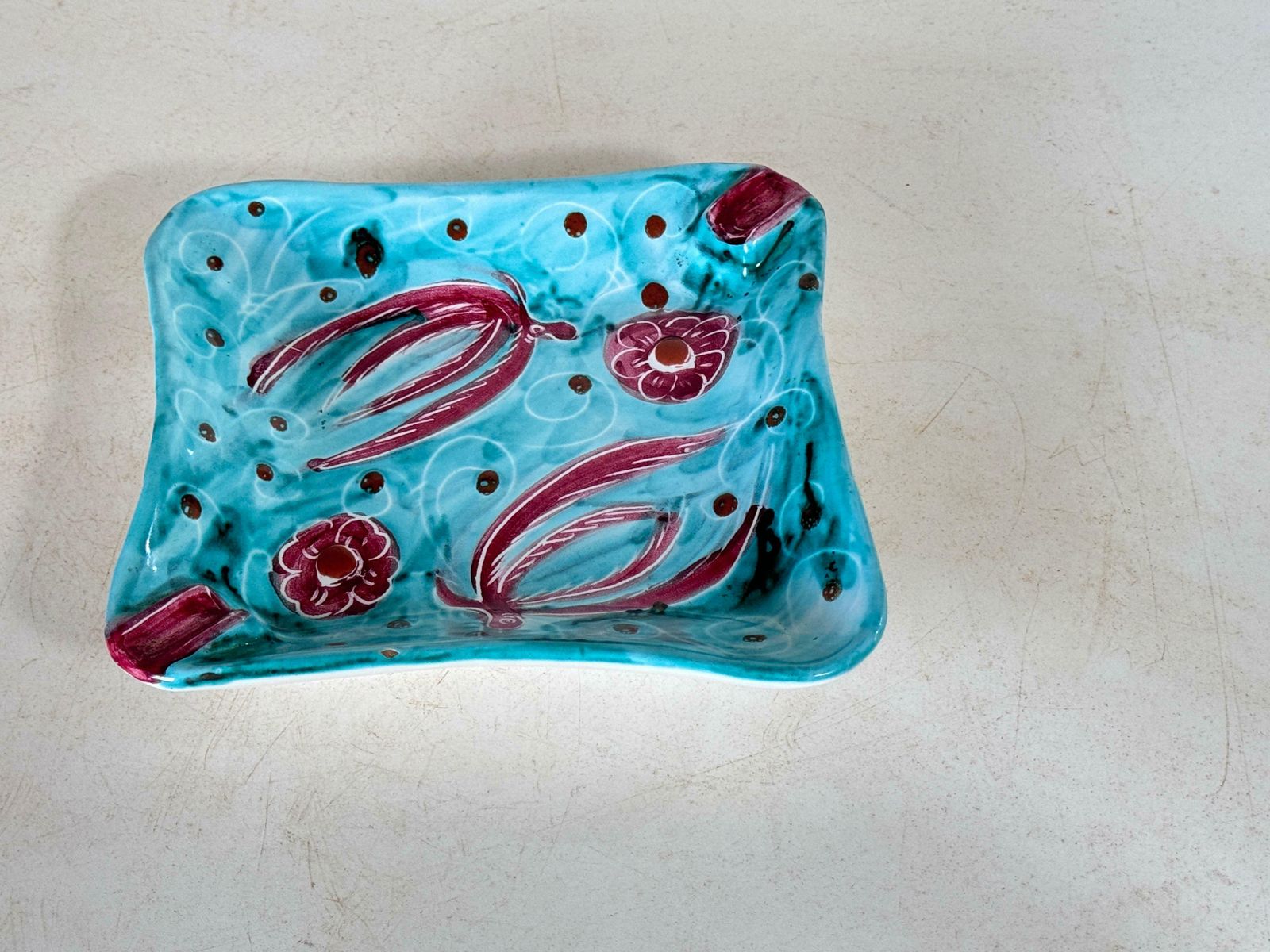 Ceramic Blue And Red Ashtray Or Vide Poche Circa 1960 Italy Signed Pm Italy photo for sale