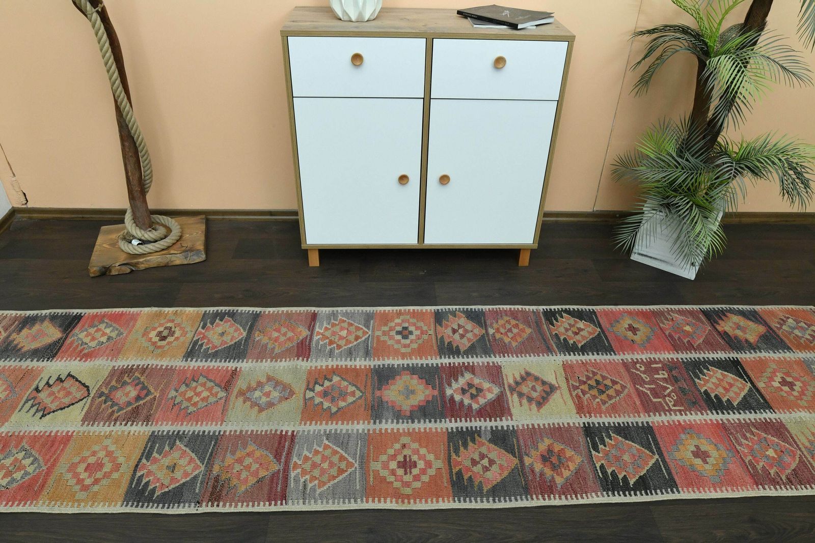 Ft Oushak Runner, Handmade Vintage Turkish Runner, Hallway Rug, Stair Decor, Kitchen Rug, Runner Rug, Orange Black Wool Rug photo for sale