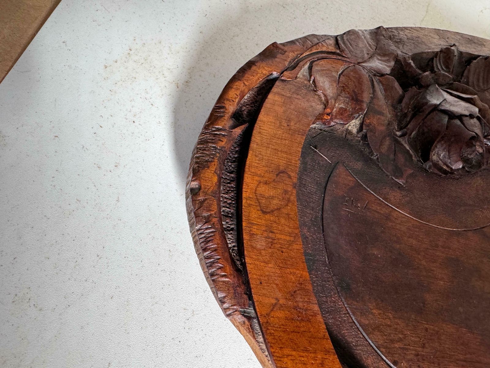 Art Nouveau Platter In Wood, Brown Color, France Circa 1930, Hand Carved, Signed photo for sale