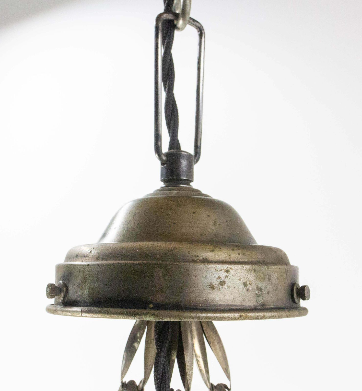 French Art Deco Chandelier Frozen Glass & Aluminium Ceiling Pendant, Circa 1930 photo vinterior