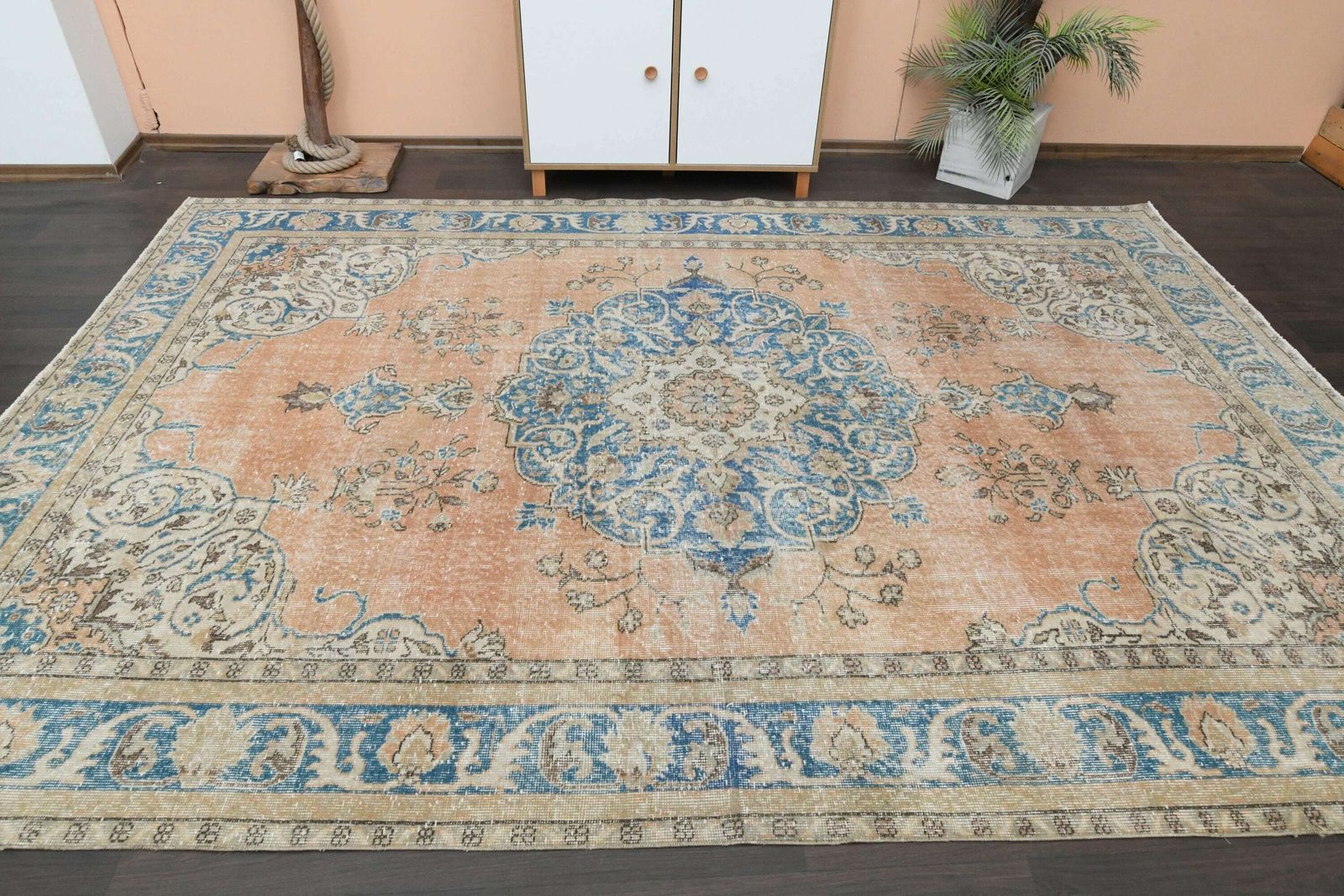 7x10 Orange Blue Rug, Handmade Vintage Turkish Rug, 7x10 Area Rug, Antique Large Rug, Wool Rug, Home Decor, Living Room Rug, 7.3x10.5 Ft photo furniture