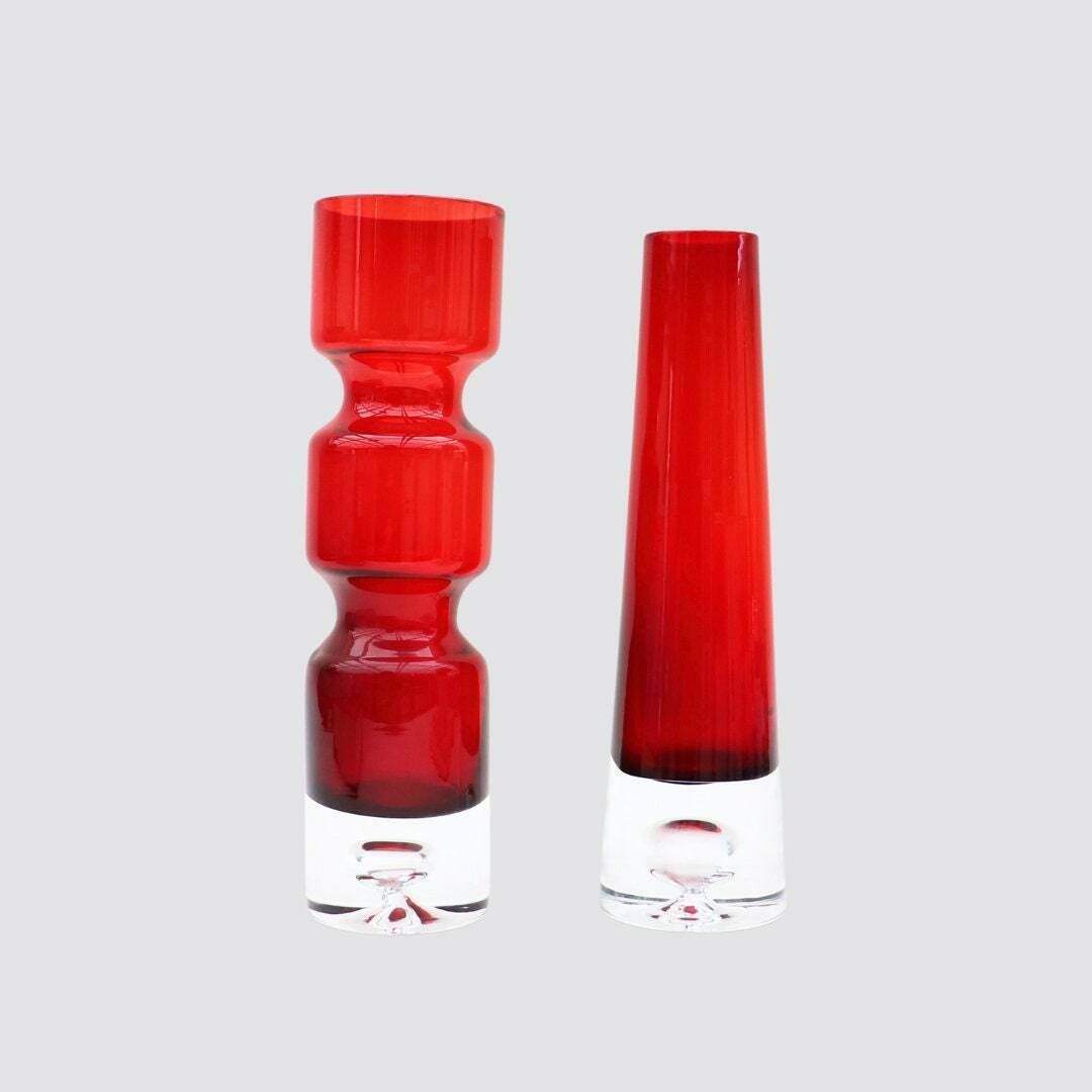 Mid Century Scandinavian Glass Vases By Bo Borgstrom , Swedish Mid Century Modern Glass Vases, Red Glass Bud Vases, Mcm Home Decor photo furniture