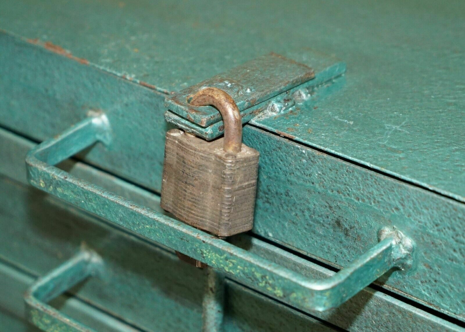 Furniture Antique Circa 1920's Teal Coloured Lockable Machinist Work Tool Box With Lock photo