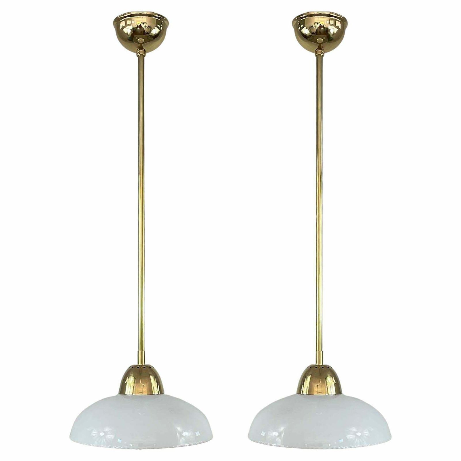 Art Deco White Opaline Glass And Brass Pendants, Sweden 1940s, Set Of 2