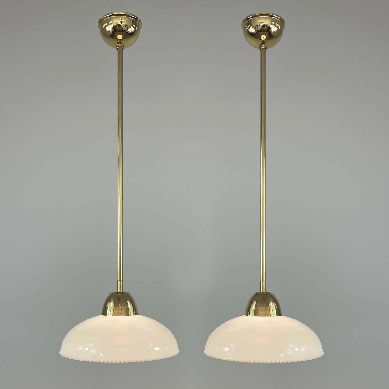 Art Deco White Opaline Glass And Brass Pendants, Sweden 1940s, Set Of 2 photo vintage