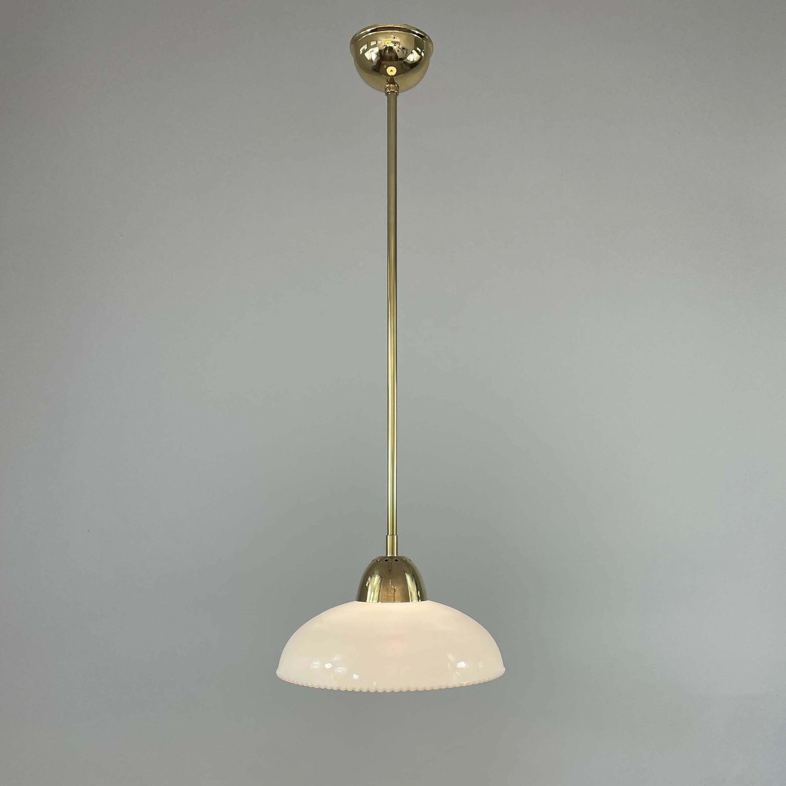 photo for sale Art Deco White Opaline Glass And Brass Pendants, Sweden 1940s, Set Of 2