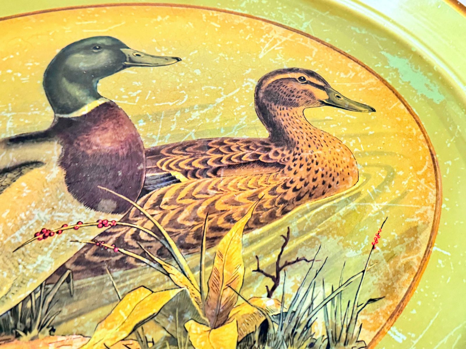 Platter Or Tray Metal Painted England 1970s Green And Yellow Color With Ducks photo 282.0