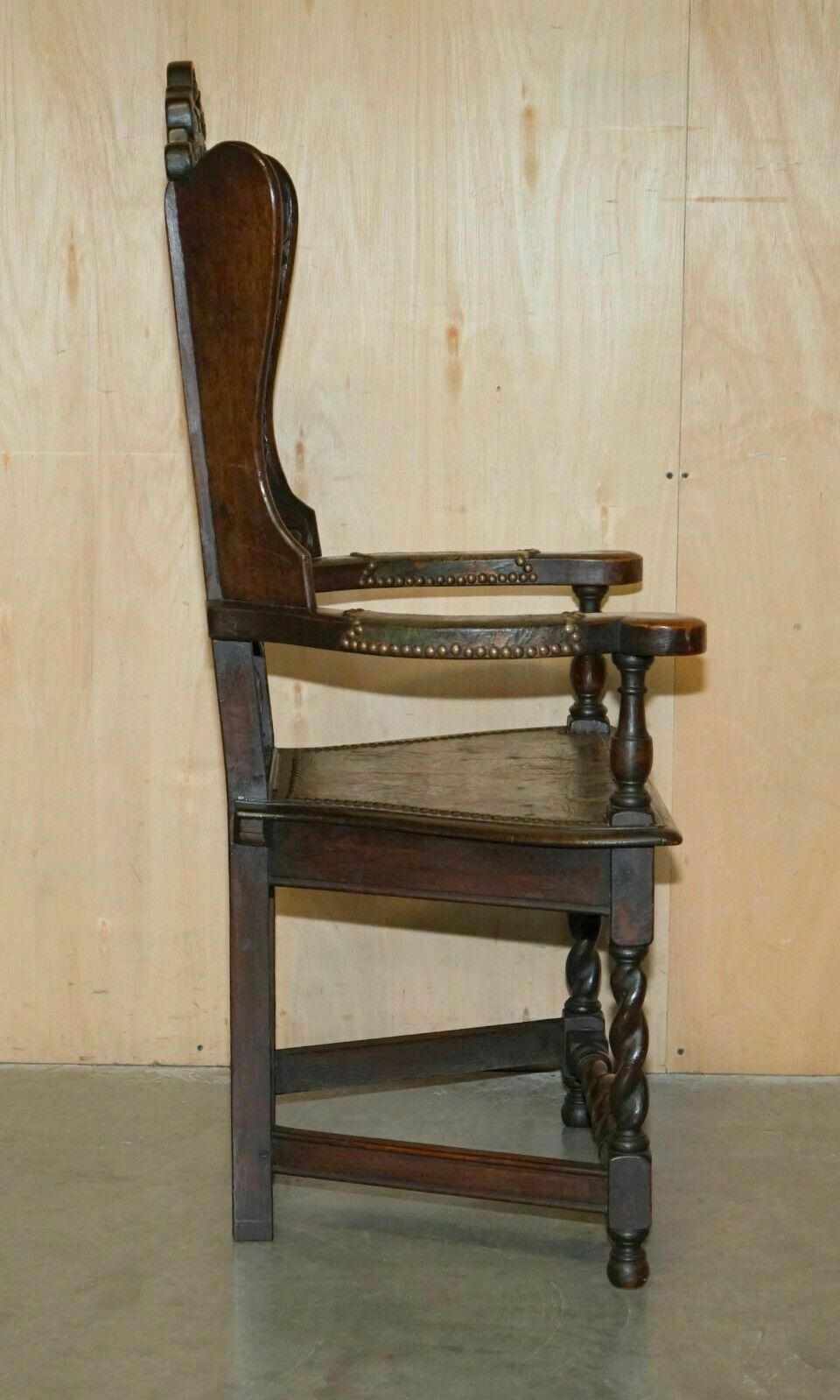 photo for sale Four Antique 1640 Caquetoire Carved Walnut Polychrome Painted Armchairs