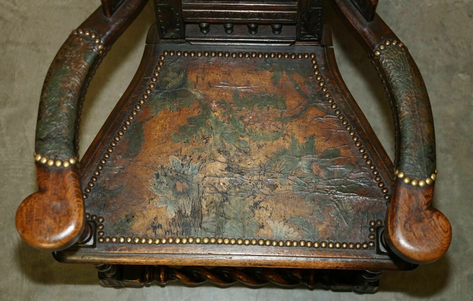 photo buy Four Antique 1640 Caquetoire Carved Walnut Polychrome Painted Armchairs