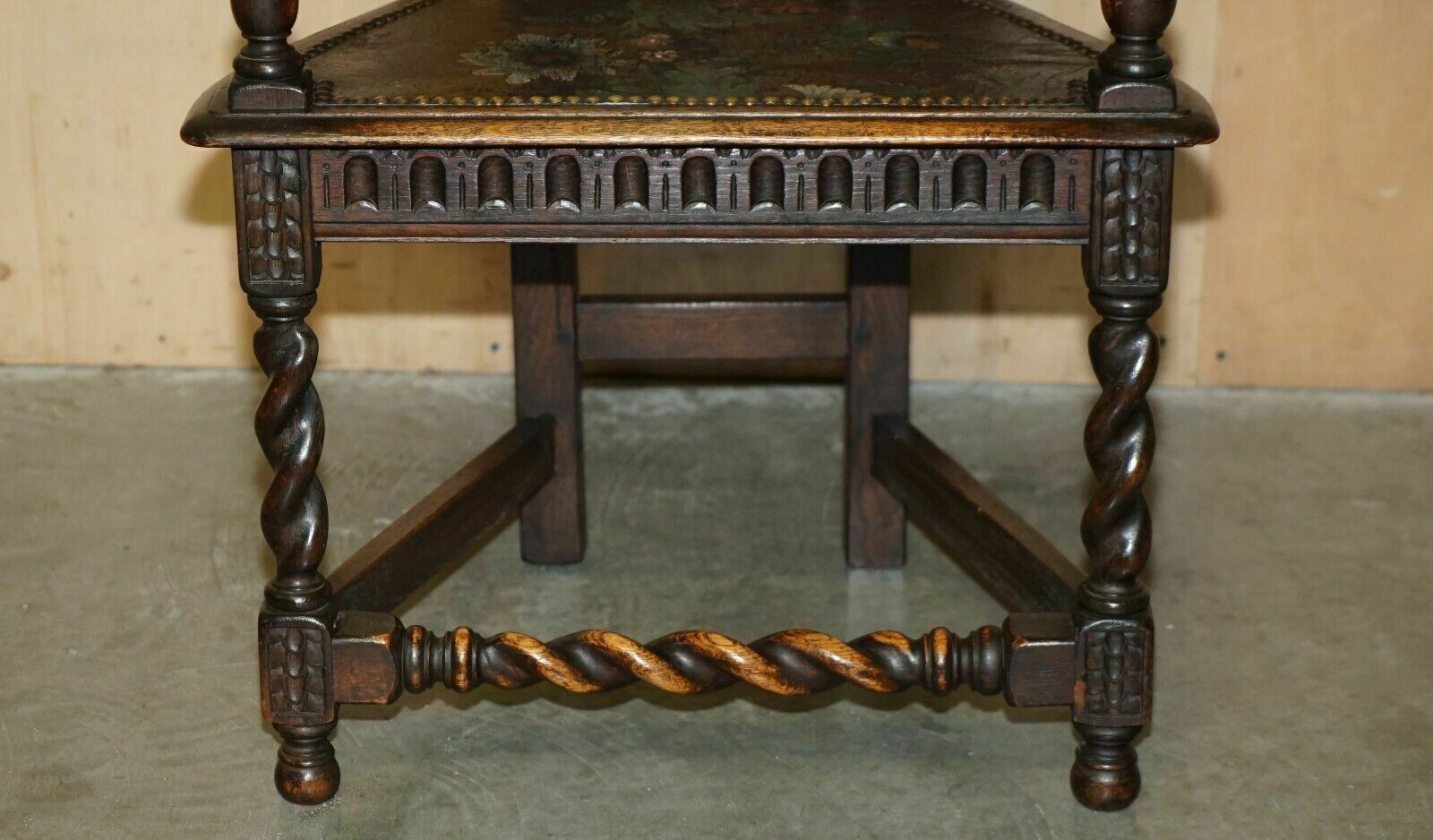 photo vintage Four Antique 1640 Caquetoire Carved Walnut Polychrome Painted Armchairs