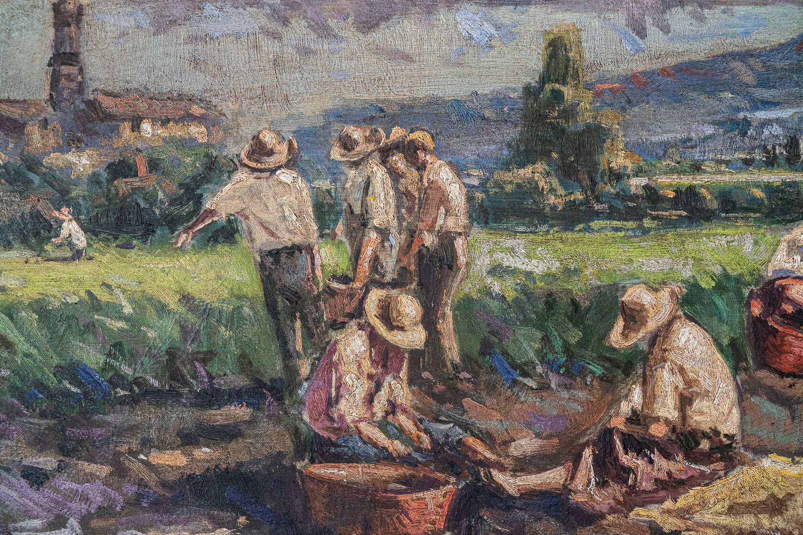Harvesting The Crop – Groot Ingelijst Post Impressionistisch Olieverfschilderij photo Kunst