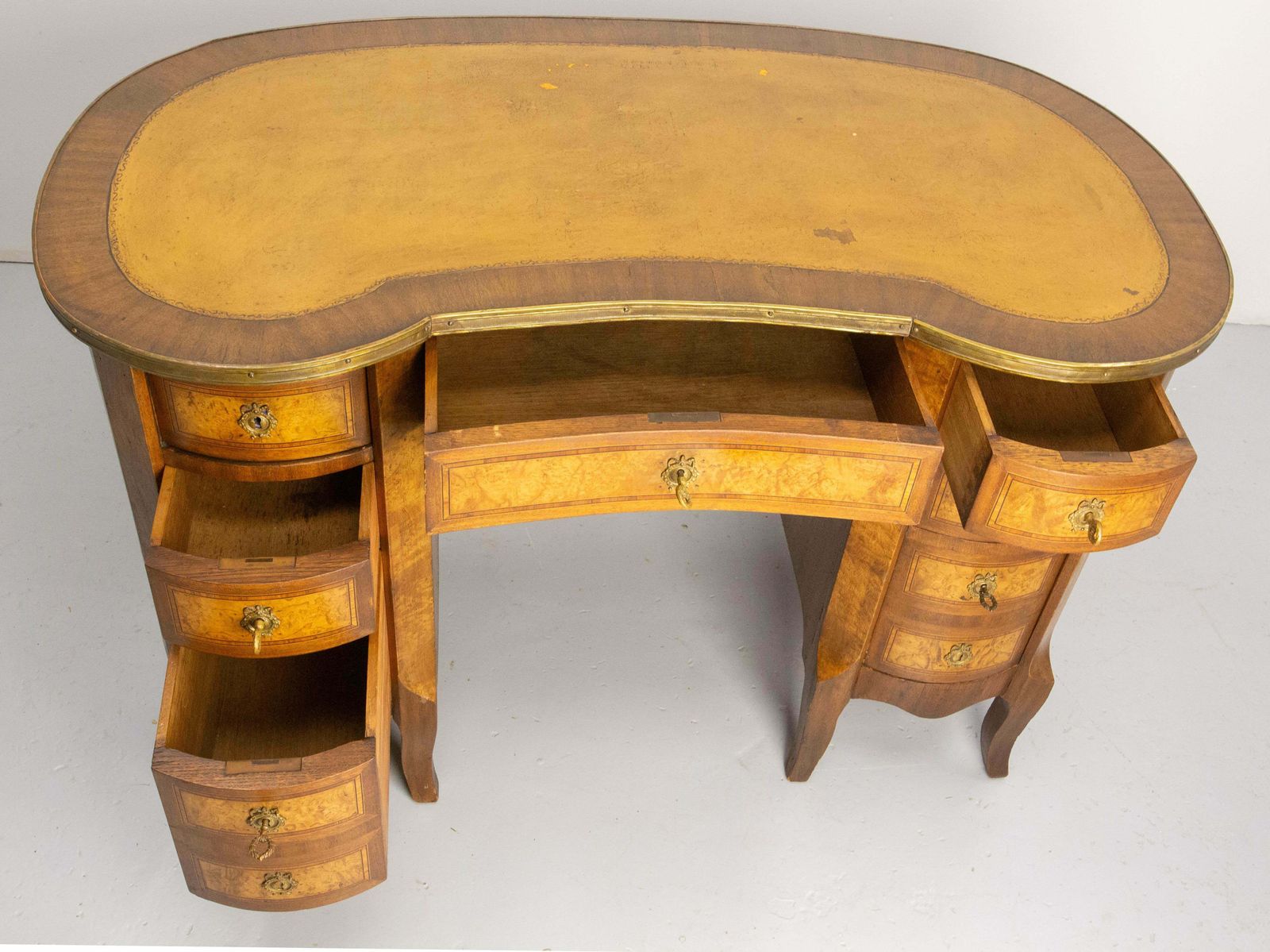 French Elm Burl Brass & Coated Fabric Desk Kidney Shape Louis XV Style C. 1960 photo vintage
