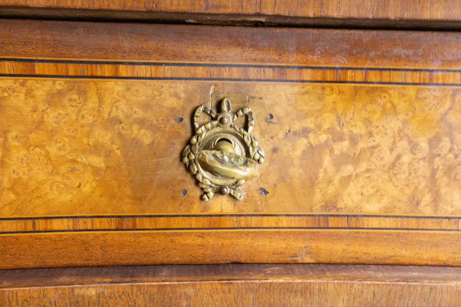 photo furniture French Elm Burl Brass & Coated Fabric Desk Kidney Shape Louis XV Style C. 1960
