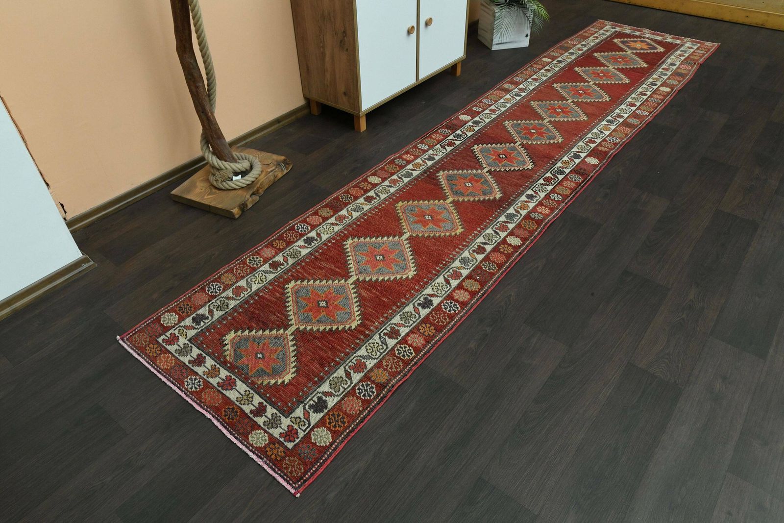 2.9x12.8 Ft Red Gray Decor, Handmade Turkish Vintage Rug, Wool Rug, Hallway Rug, Antique Rug, Oushak Wool Rug, Kitchen Rug, 3x13 Runner Rug photo furniture