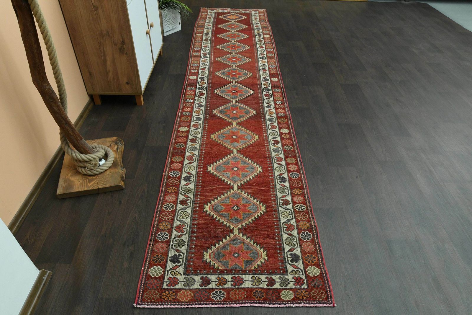 2.9x12.8 Ft Red Gray Decor, Handmade Turkish Vintage Rug, Wool Rug, Hallway Rug, Antique Rug, Oushak Wool Rug, Kitchen Rug, 3x13 Runner Rug photo for sale
