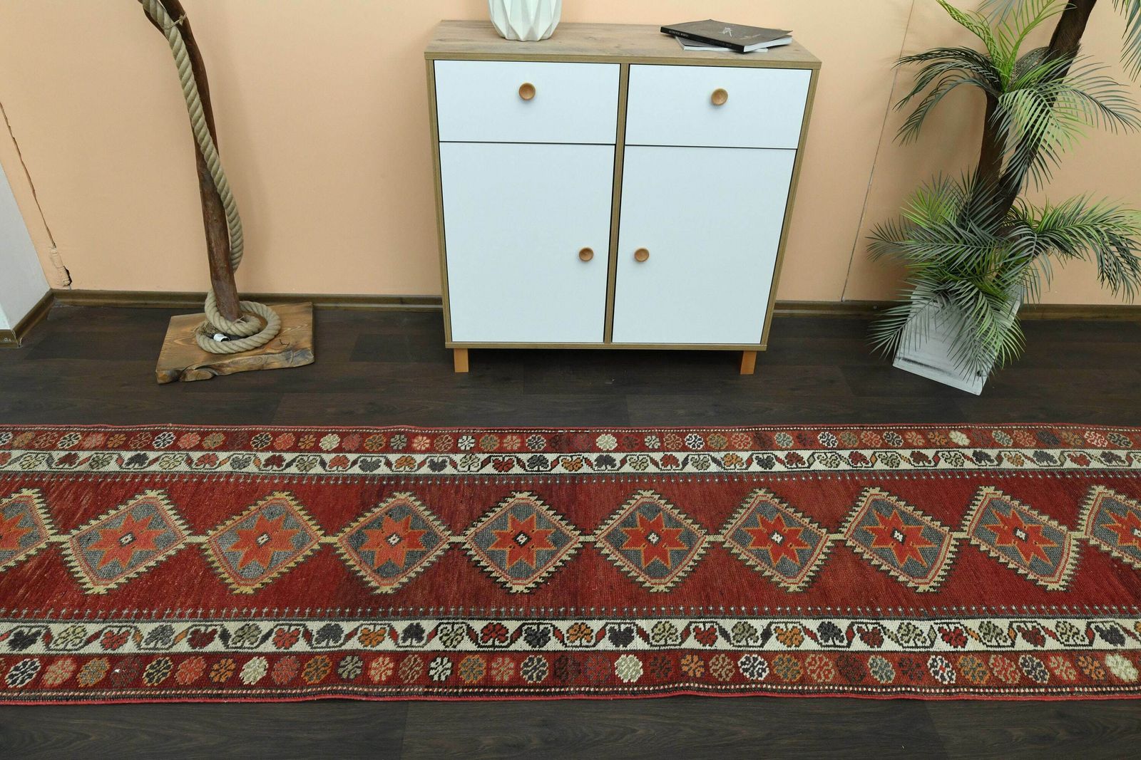 2.9x12.8 Ft Red Gray Decor, Handmade Turkish Vintage Rug, Wool Rug, Hallway Rug, Antique Rug, Oushak Wool Rug, Kitchen Rug, 3x13 Runner Rug photo buy