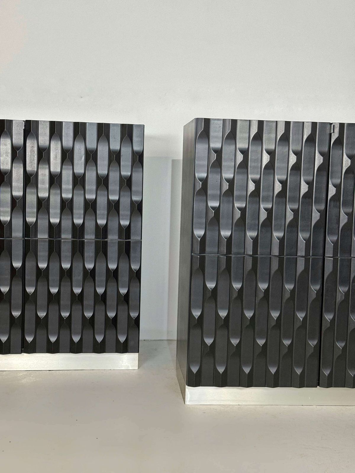 Pair Of Black Brutalist Cabinets With Graphic Door Panels, 1970s photo vintage