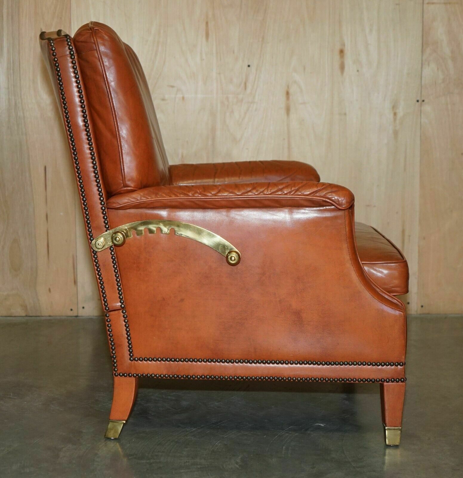 photo for sale Comfortable Pair Of French Neoclassical Style Leather & Brass Recliner Armchairs