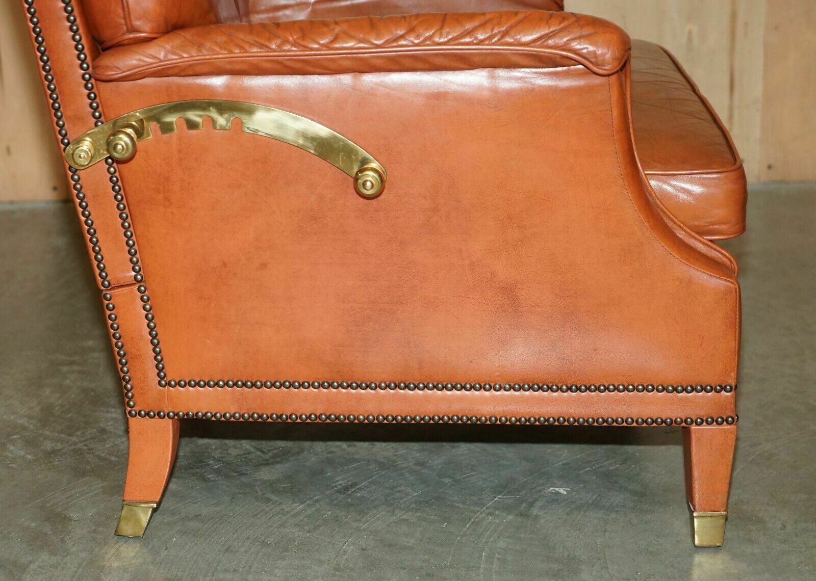 Furniture Comfortable Pair Of French Neoclassical Style Leather & Brass Recliner Armchairs photo