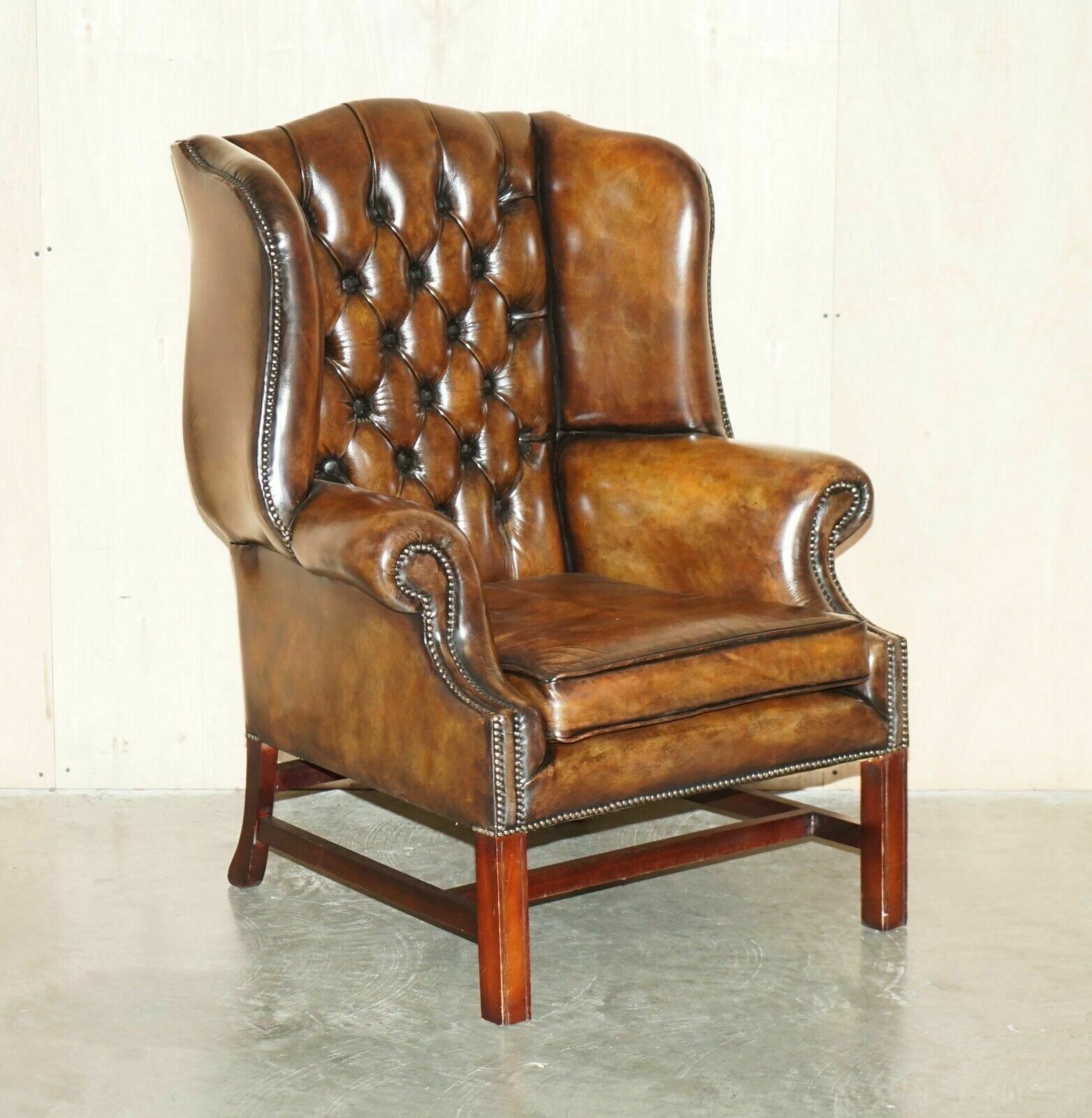 Comfortable Vintage Restored Brown Leather Tufted Chesterfield Wingback Armchair