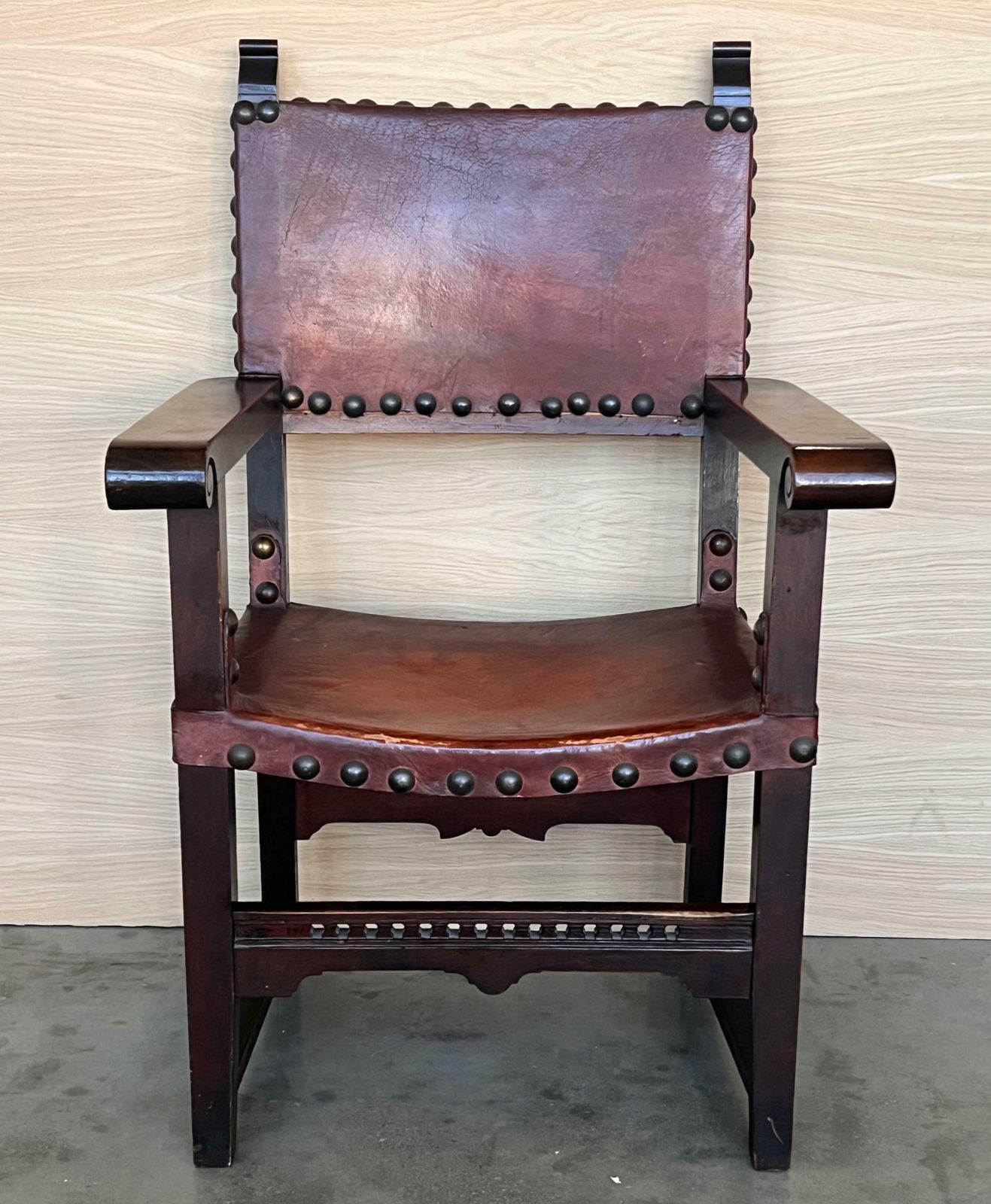 19th Century Spanish Colonial Altar Carved Armchair With Leather Seat And Back photo for sale