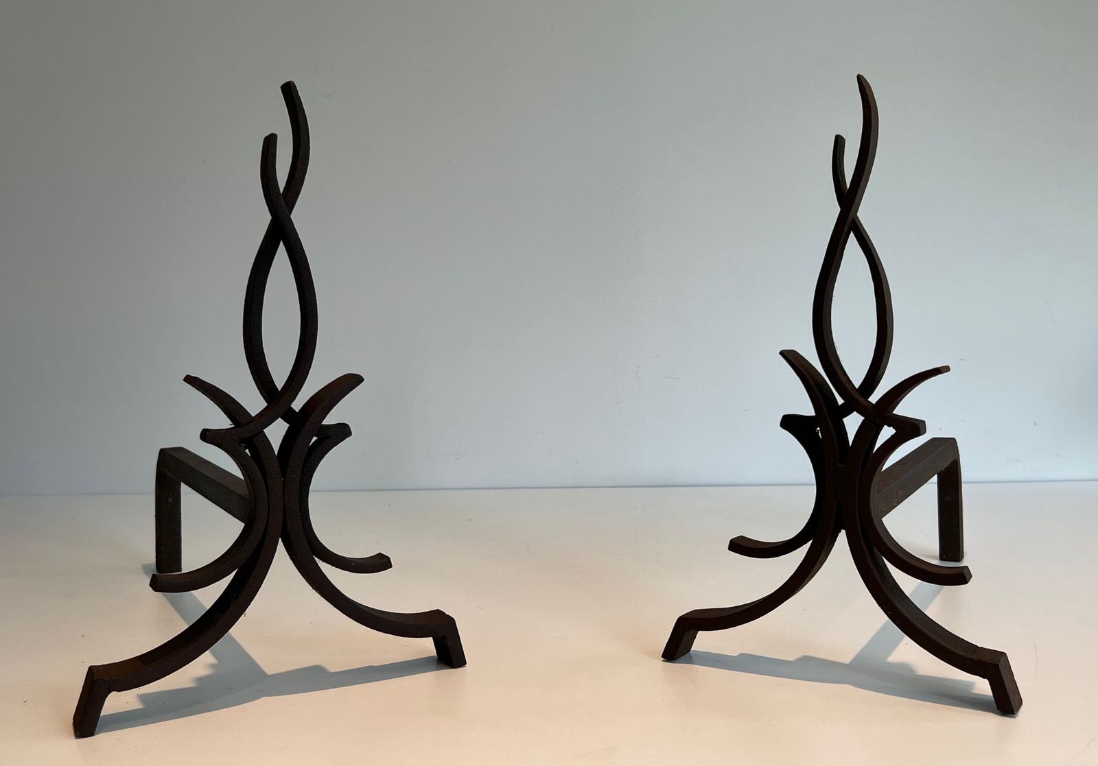 Pair Of Wrought Iron Andirons By Raymond Subes photo for sale