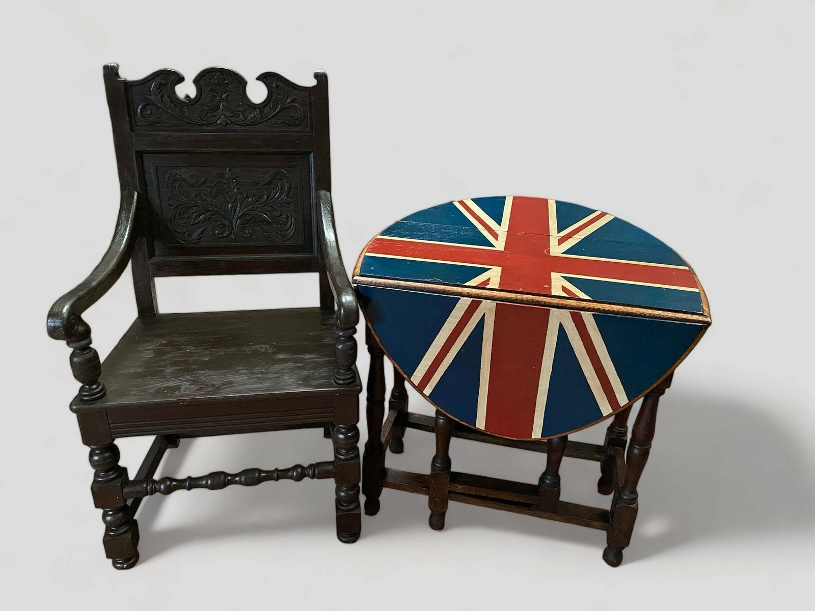 Antique Oak Drop Leaf Table / Union Jack Decor / Made In England Circa 1900 photo Furniture