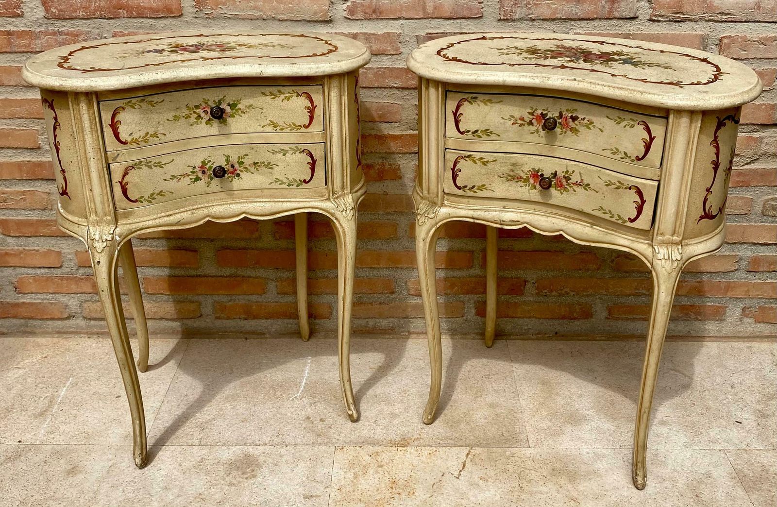 Two Drawers Painted In Light Beige Wood Kidney Nightstands, 1940s, Set Of 2 photo Furniture