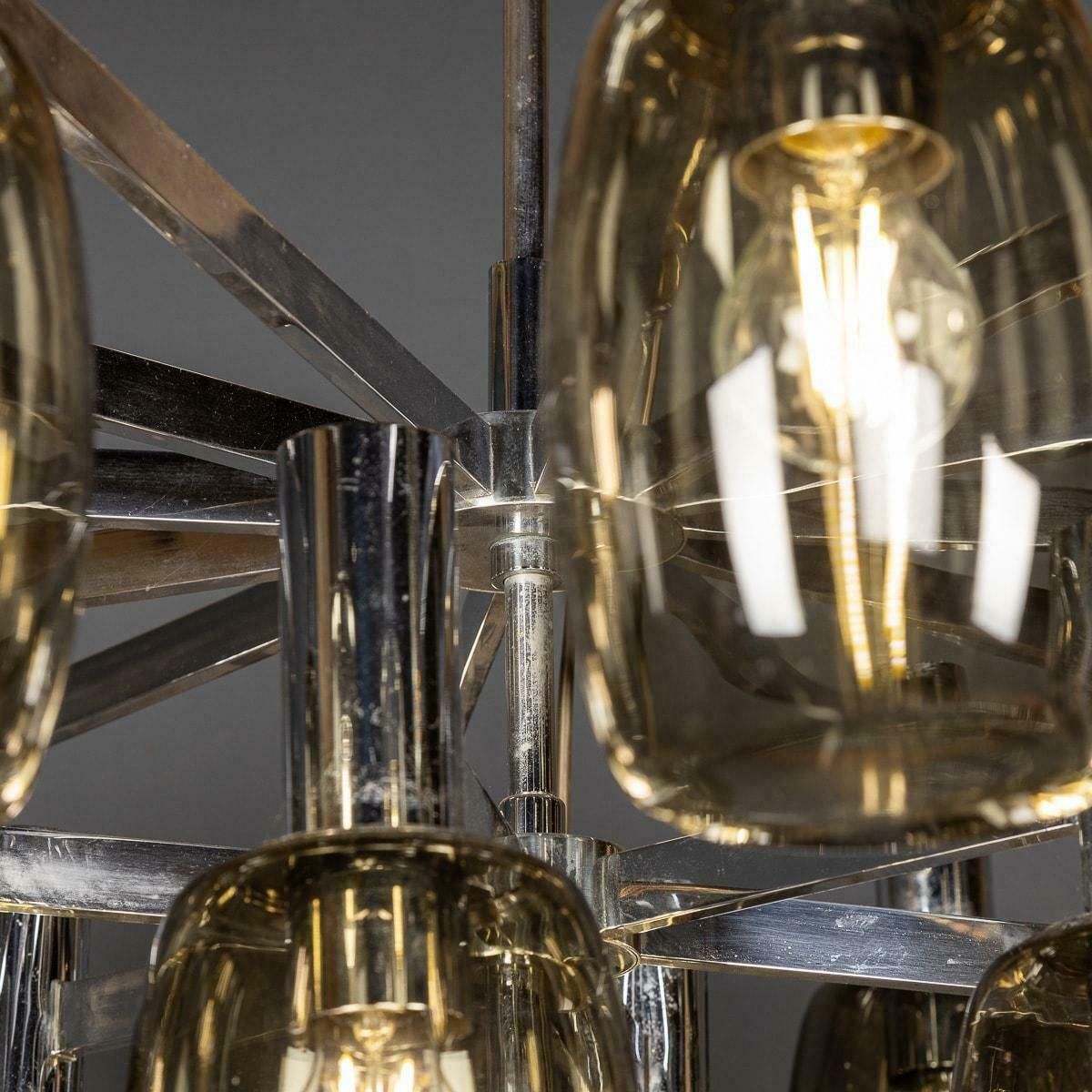 photo for sale 20th Century Italian Chrome & Smoked Glass Eighteen Light Chandelier C.1970