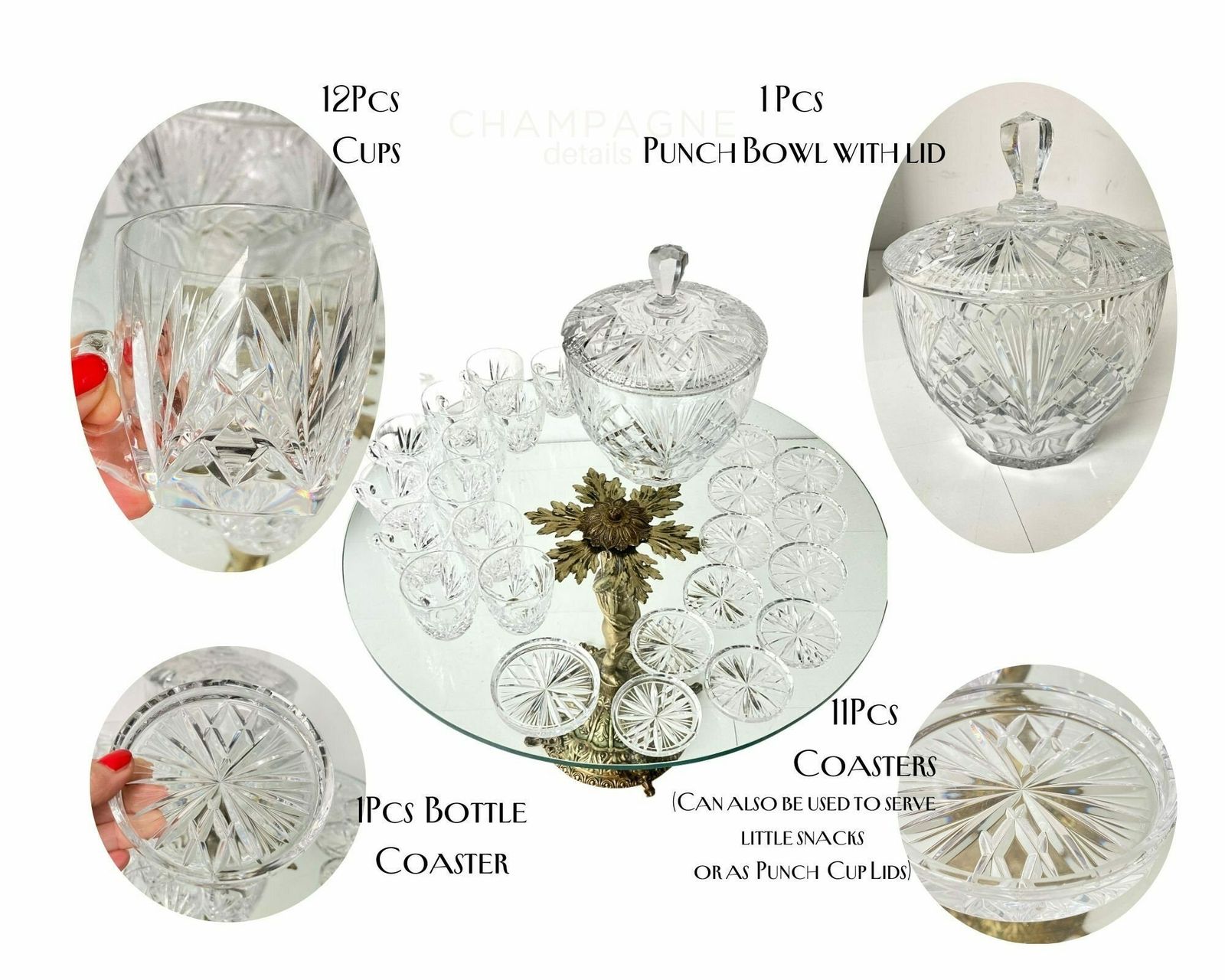 Nachtmann Punch Bowl | Nierstein Set | 12 Cups + Coasters | 1 Bowl With Member | Cut Criss Cross & Fan Design photo furniture