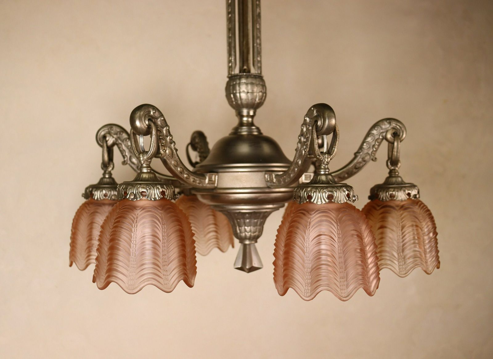 Art Deco Bronze Nickel Plated Iridescent Pink Glass Chandelier 1930's 1940's (St.141)