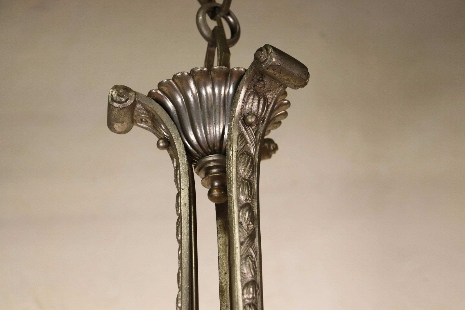 Art Deco Bronze Nickel Plated Iridescent Pink Glass Chandelier 1930's 1940's (St.141) photo vintage