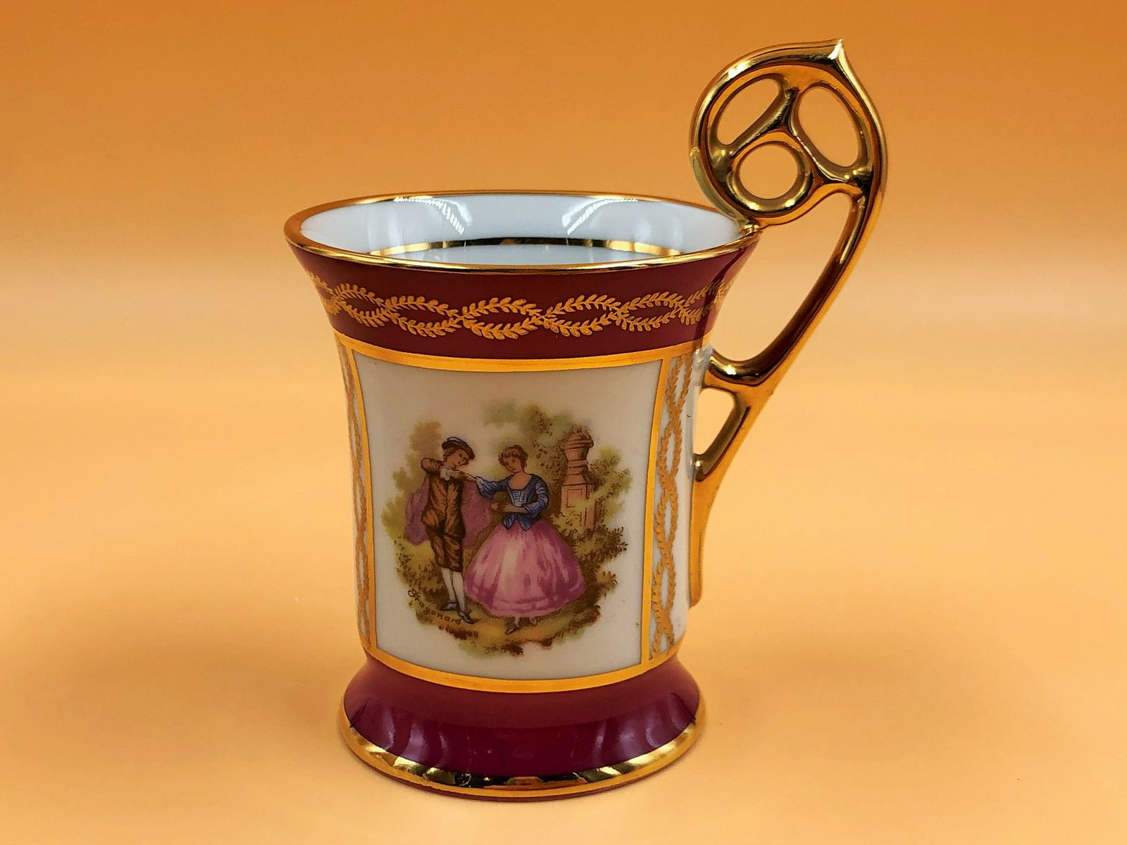 Limoges Meissner Porcelain Pink Fragonard Courting Couple Demitasse / Chocolate Cup And Saucer Duo. photo furniture