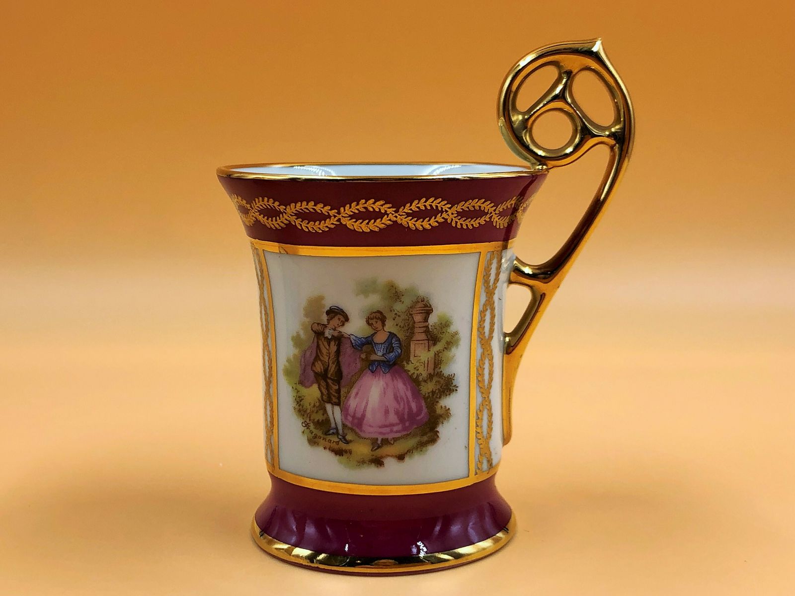 Limoges Meissner Porcelain Pink Fragonard Courting Couple Demitasse / Chocolate Cup And Saucer Duo. photo 95.0