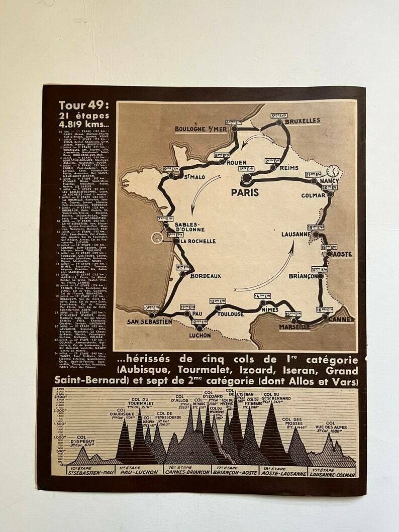 1949 Tour De France Stage Map   Vintage Cycling Print photo Art