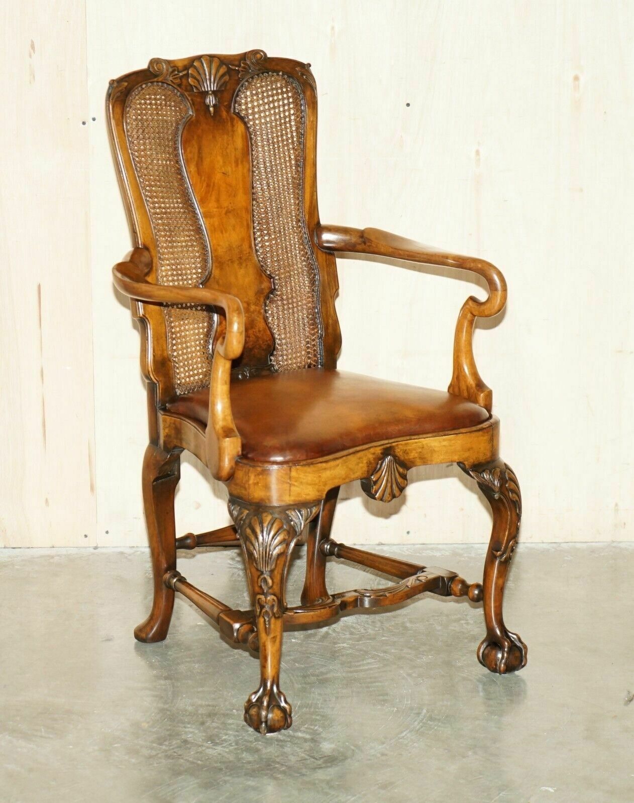 Antique Thomas Chippendale Claw & Ball Carved Bergere Brown Leather Armchair