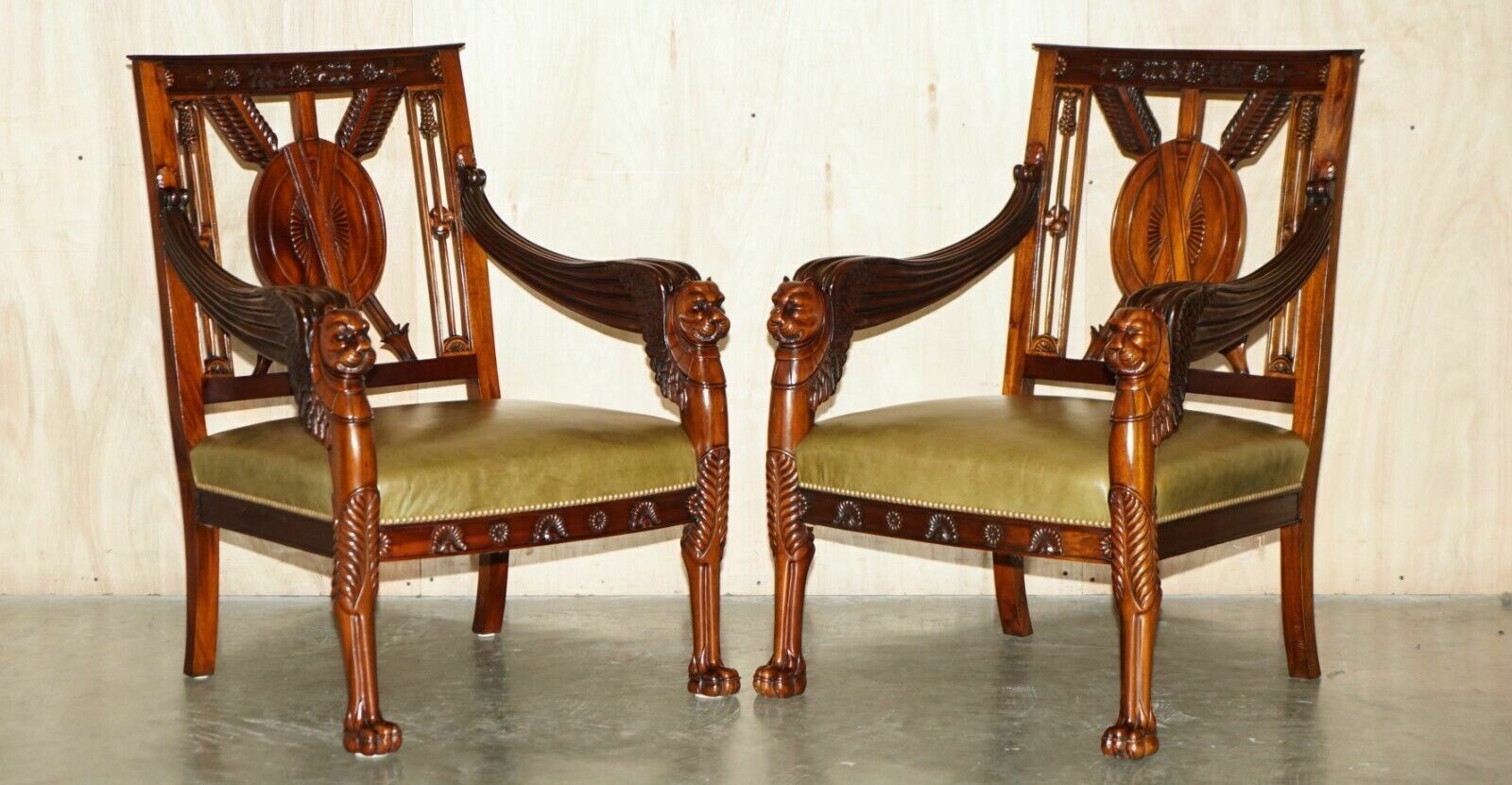 Exquisite Pair Of Hand Carved Mahogany Library Armchairs Lion Griffon Wing Arms