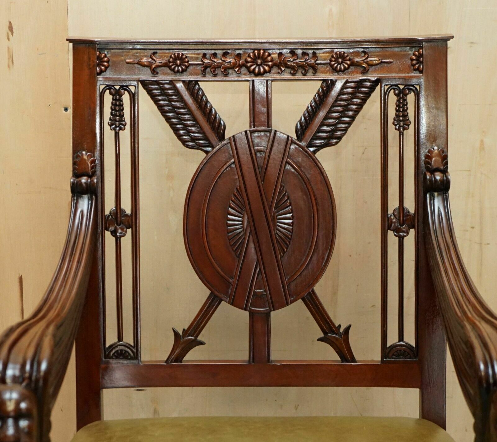 Exquisite Pair Of Hand Carved Mahogany Library Armchairs Lion Griffon Wing Arms photo for sale